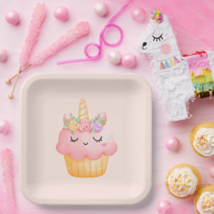 Assiettes En Carton Cute rose Cupcake Unicorn avec Rose