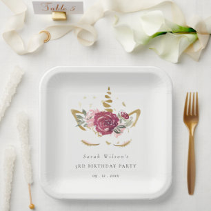 Assiettes En Carton Cute Rose Or Floral Unicorne N'importe quel âge An