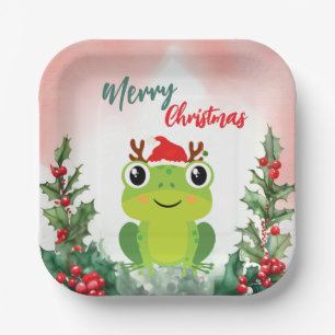 Assiettes En Carton Cute Rouge Joyeux grenouille de Noël Père Noël fêt