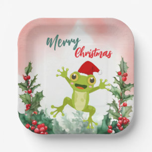 Assiettes En Carton Cute Rouge Joyeux grenouille de Noël Père Noël fêt
