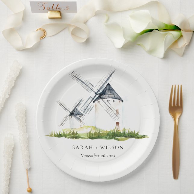 Assiettes En Carton Cute Rustic Watercolor Windmill Mariage de thème d (Mariage)