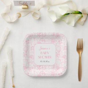 Assiettes En Carton Cute Safari Toile de Jouy Baby shower rose
