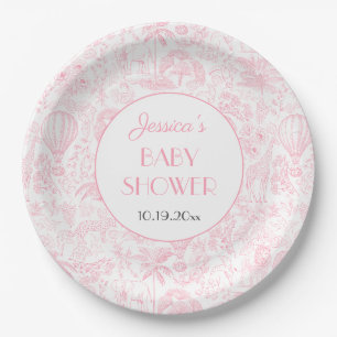 Assiettes En Carton Cute Safari Toile de Jouy Baby shower rose