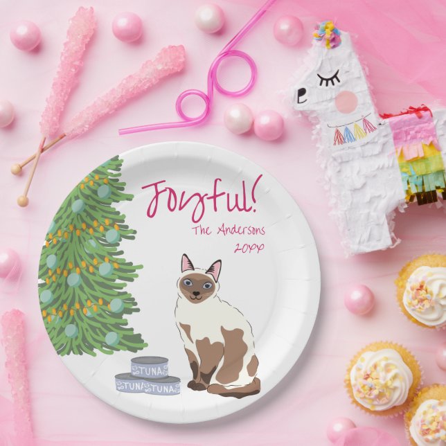 Assiettes En Carton Cute Siamese Cat with Tuna Joyful Christmas  (Fête)