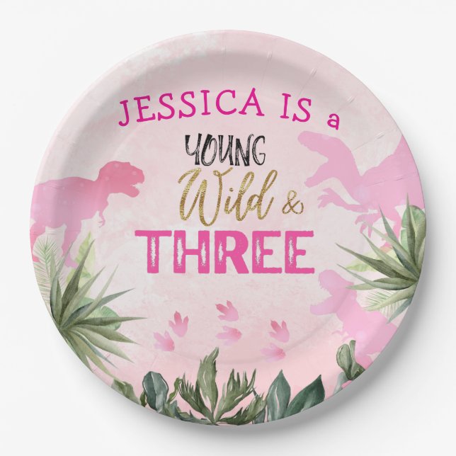 Assiettes En Carton Cute T Rex Dinosaur Fille 3e fête d'anniversaire (Devant)