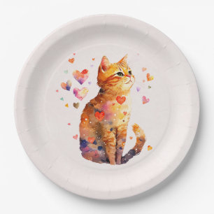 Assiettes En Carton Cute Tabby Chat avec Coeurs