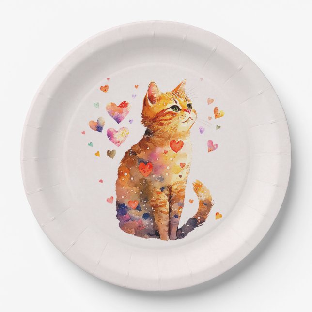 Assiettes En Carton Cute Tabby Chat avec Coeurs (Devant)