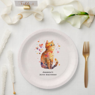 Assiettes En Carton Cute Tabby Chat avec Coeurs Anniversaire