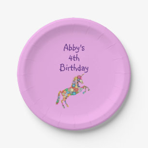 Assiettes En Carton Cute Unicorn Pink Abby's 4th Birthday Personnalise