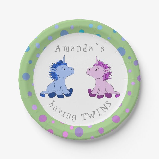 Assiettes En Carton Cute Unicorn Twins Baby shower Party (Devant)