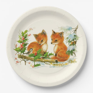 Assiettes En Carton Cute Vintage Foxes Retro Christmas Scene