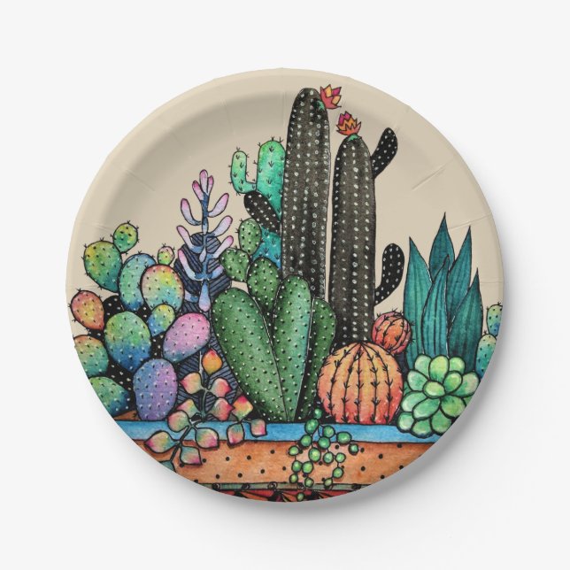 Assiettes En Carton Cute Watercolor Cactus Garden (Devant)