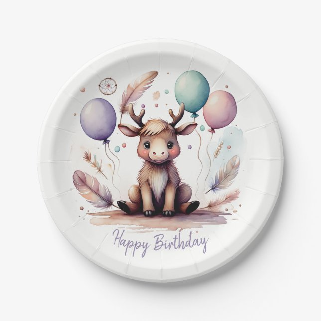 Assiettes En Carton Cute Watercolor Moose with Balloons Birthday  (Devant)