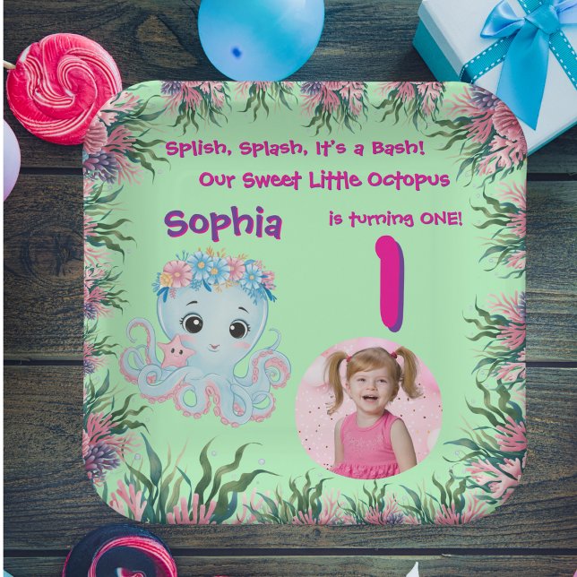 Assiettes En Carton Cute Whimsical Floral Octopus Fille Anniversaire (Créateur téléchargé)