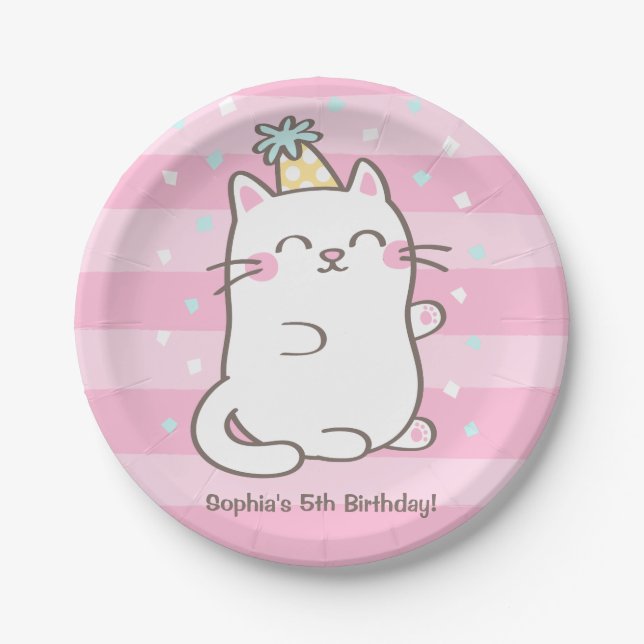 Assiettes En Carton Cute White Kitty Chat Girls Anniversaire Fournitur (Devant)