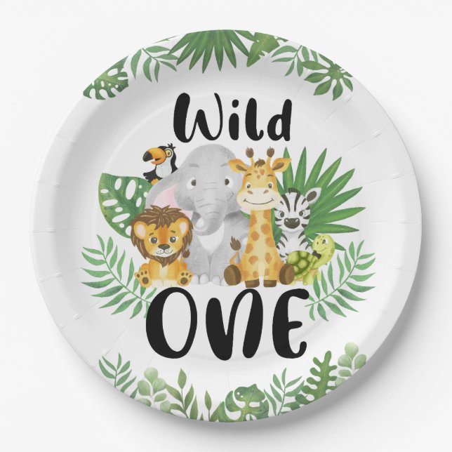Assiettes En Carton Cute Wild One Safari Animaux 1er anniversaire (Devant)
