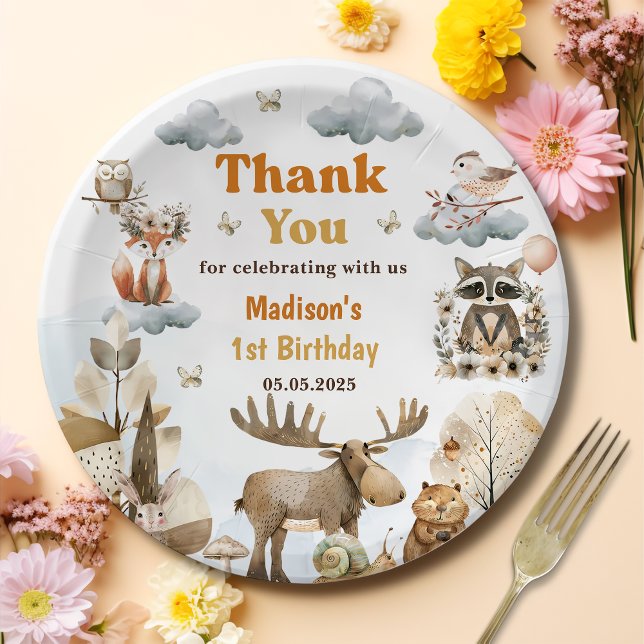 Assiettes En Carton Cute Woodland Animals 1st Birthday Party  (Créateur téléchargé)