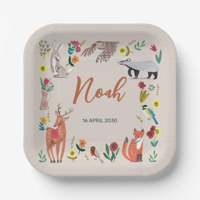 Assiettes En Carton Cute Woodland Animaux Baby shower neutre (Recto)