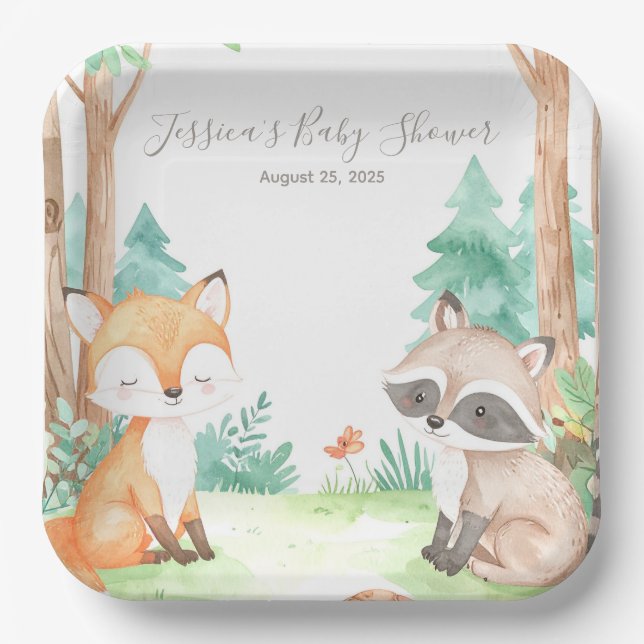 Assiettes En Carton Cute Woodland Baby shower Thème Invitation (Recto)