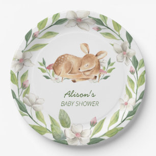 Assiettes En Carton Cute Woodland Deer Floral Green Baby shower 9"