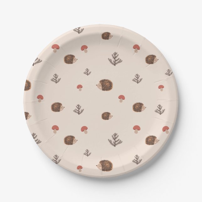 Assiettes En Carton Cute Woodland Hérisson et Motif de champignons (Devant)