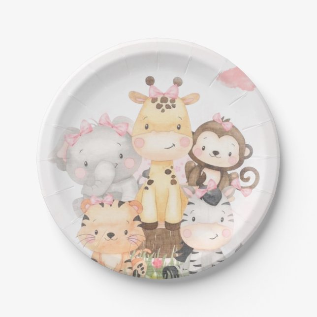 Assiettes En Carton Cute Woodland Safari Animaux Fille Baby shower (Devant)