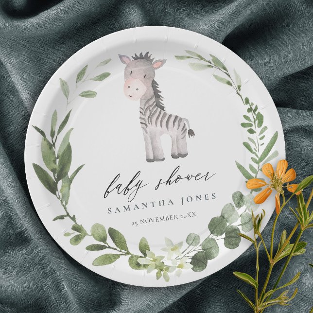 Assiettes En Carton Cute Zebra Green Foliage Baby shower de couronne (Créateur téléchargé)