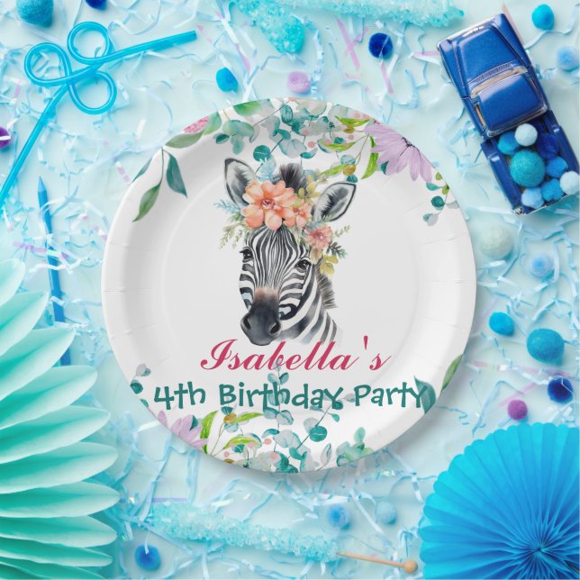 Assiettes En Carton Cute Zebra zoo jungle animale Floral Anniversaire (Fête)