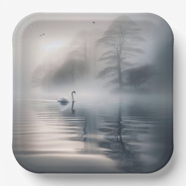 Assiettes En Carton Cygne Solitaire Sur Le Lac Misty Morning (Recto)