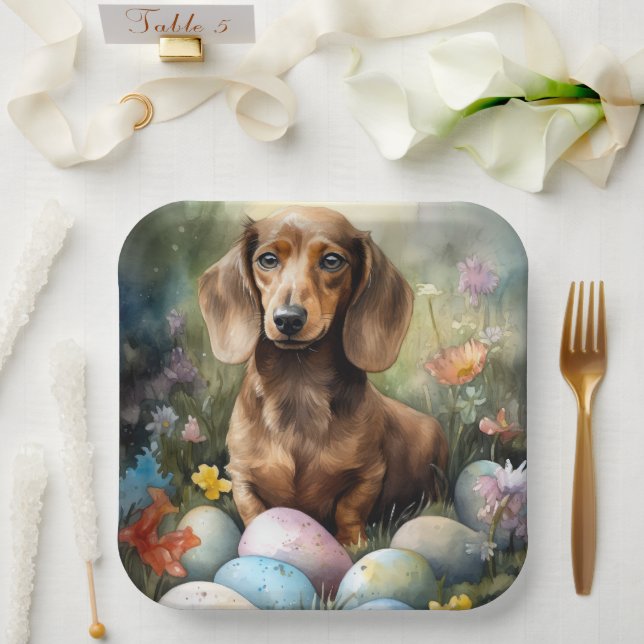 Assiettes En Carton Dachshund aux oeufs de Pâques (Mariage)