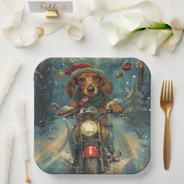 Assiettes En Carton Dachshund Chien équitation moto Noël (Mariage)