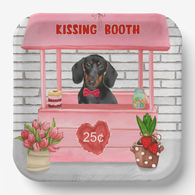 Assiettes En Carton Dachshund Chien Valentine's Day Kissing Booth (Recto)