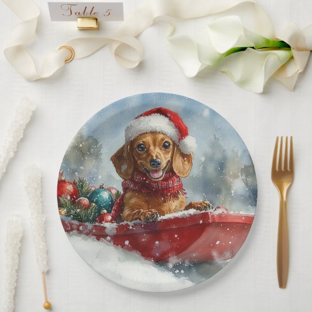 Assiettes En Carton Dachshund Dog in Sledge Let it neige Noël (Mariage)