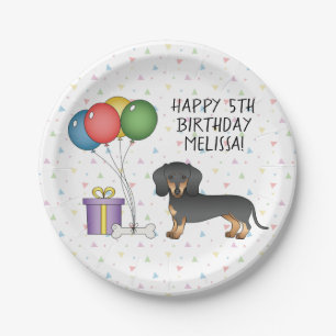 Assiettes En Carton Dachshund noir et feu à poil court Joyeux Annivers