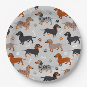 Assiettes En Carton Dachshund Paws et Bones Gris Motif
