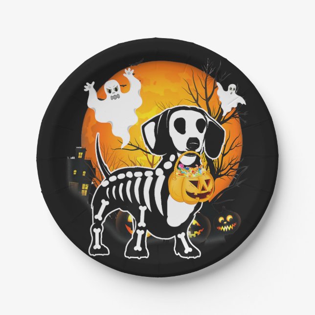 Assiettes En Carton Dachshund Skeleton Halloween Joyeux cadeau Citroui (Devant)