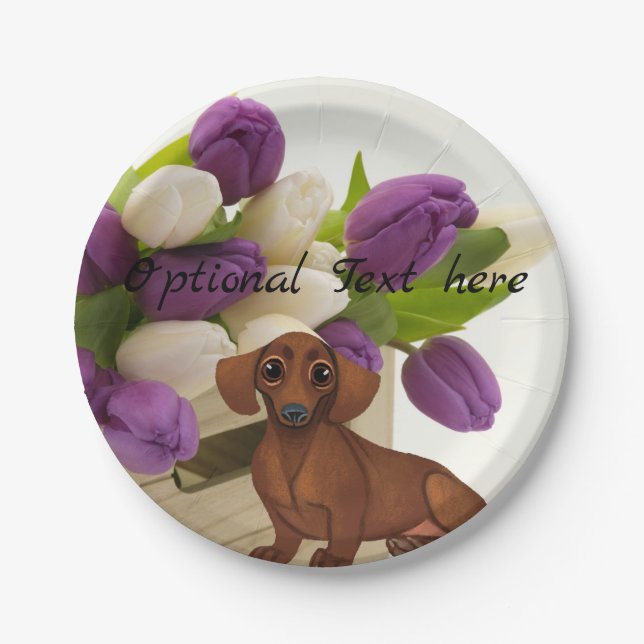 Assiettes En Carton Dachshund Tulips Papier Plaque (Devant)