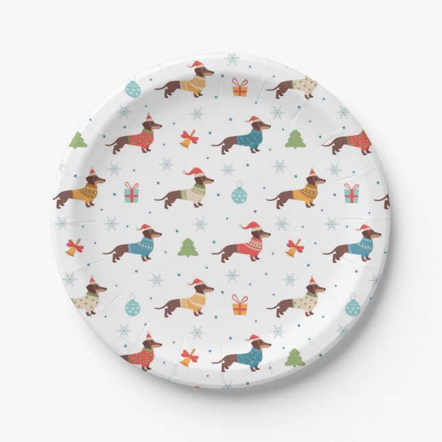 Assiettes En Carton Dachshunds dans le Motif des pulls de Noël (Devant)