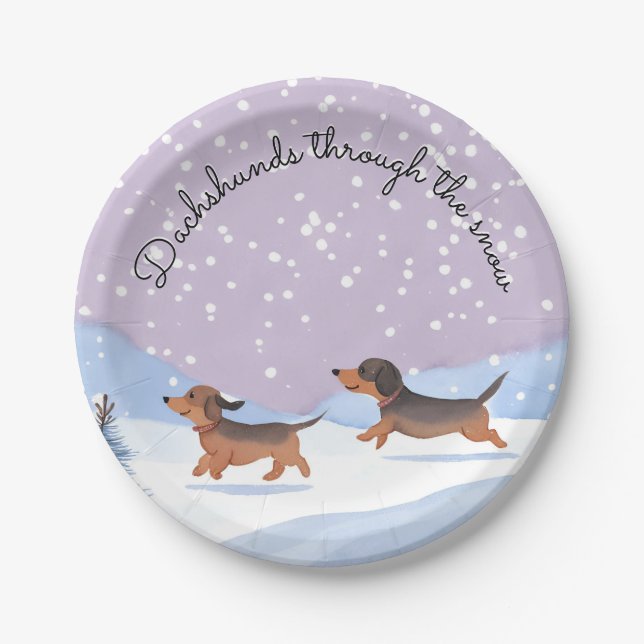 Assiettes En Carton Dachshunds Doxie de neige Noël Saucisse Chiens fêt (Devant)