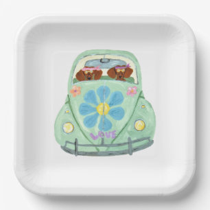 Assiettes En Carton Dachshunds Hippies Dans Leur Voiture Fleurie D'Amo
