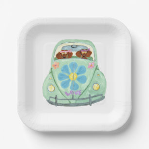 Assiettes En Carton Dachshunds Hippies Dans Leur Voiture Fleurie D'Amo