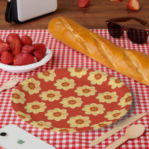 Assiettes En Carton Dahlia jaune motif floral sur rouge