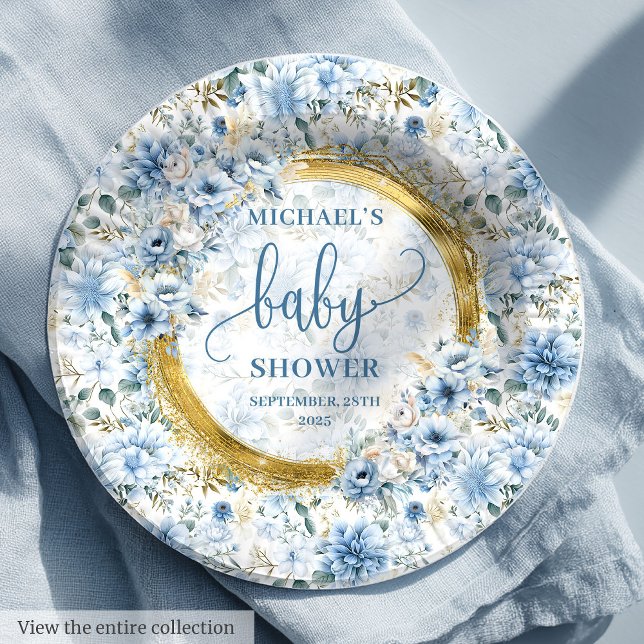 Assiettes En Carton Dainty boho pastel fleurs bleu or personnalisé (Dainty boho pastel blue flowers gold personalized Paper Plates)