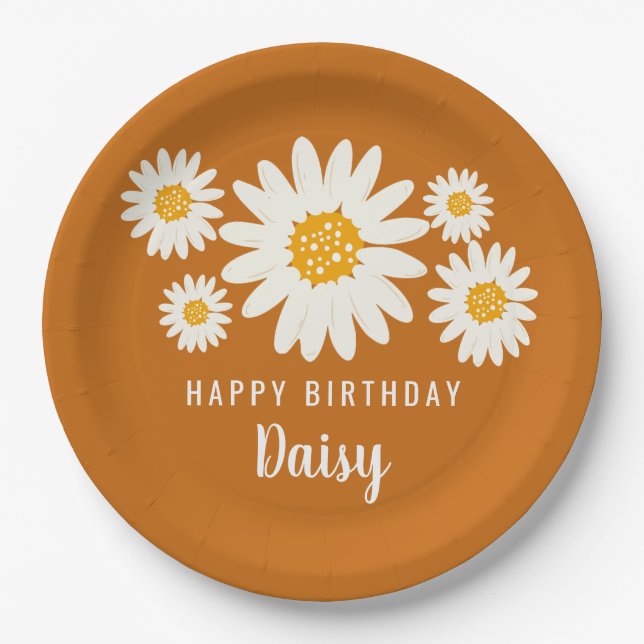 Assiettes En Carton Daisy nom heureux fête d'anniversaire boho design  (Devant)