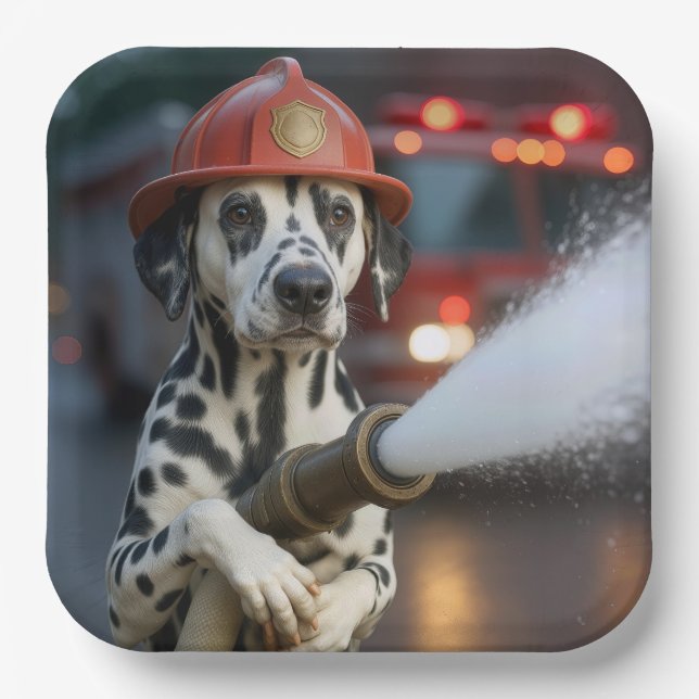 Assiettes En Carton Dalmatian Dog With a Fire Hose (Recto)
