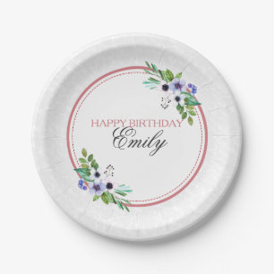 Assiettes En Carton Damas Blanches Et Bouquet Coloré - Joyeux Annivers