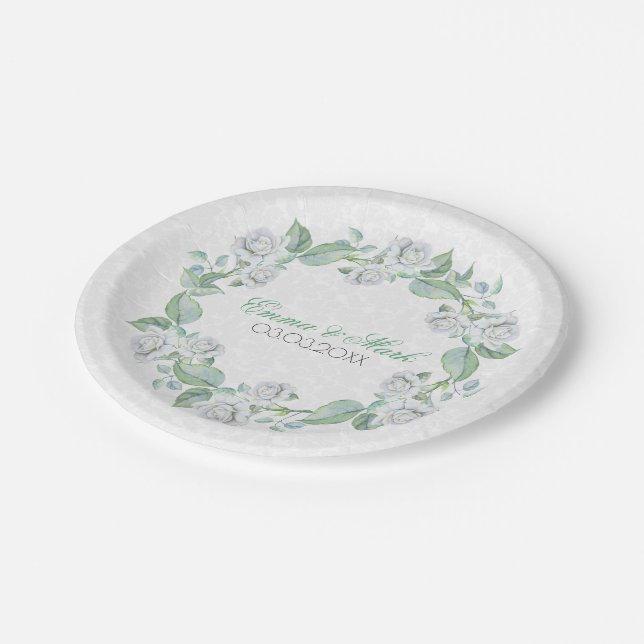 Assiettes En Carton Damas Blanches & Roses - Enregistrer La Date (Angle)
