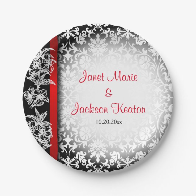 Assiettes En Carton Damas Mariage moderne en blanc, noir et rouge (Devant)
