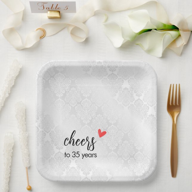 Assiettes En Carton Damas satin blanc 35e anniversaire (Mariage)