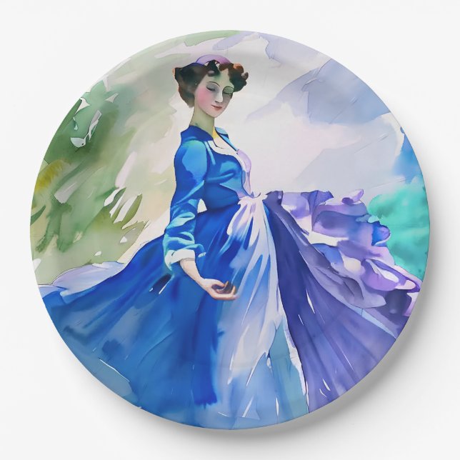 Assiettes En Carton Dame en Robe Bleue - Peinture aquarelle (Devant)